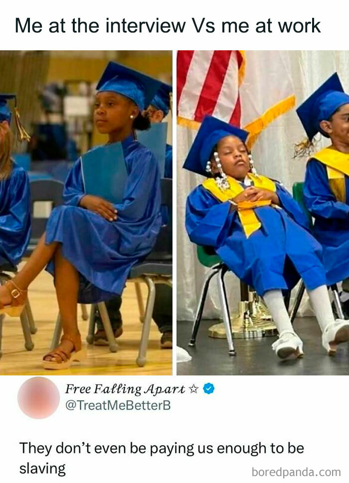 Two kids in graduation gowns showing silly, relatable, and spicy memes about interviews versus work experiences on Instagram.