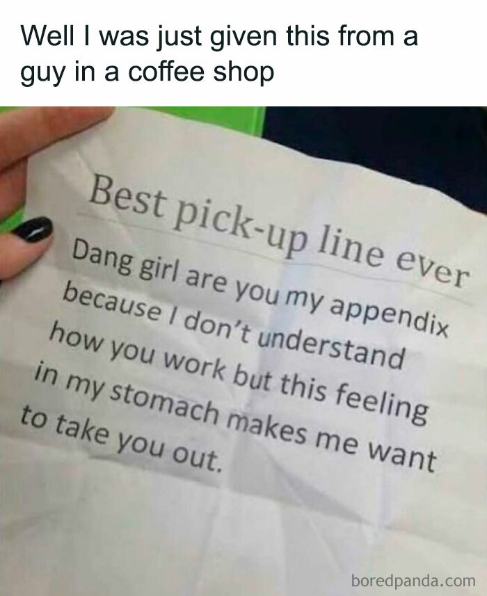 Funny and relatable spicy meme showing a handwritten pick-up line given by a guy in a coffee shop.