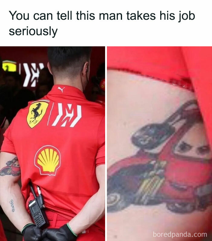 Man wearing red Ferrari shirt with walkie-talkie and tattoo of a racing car, showcasing silly and relatable memes.