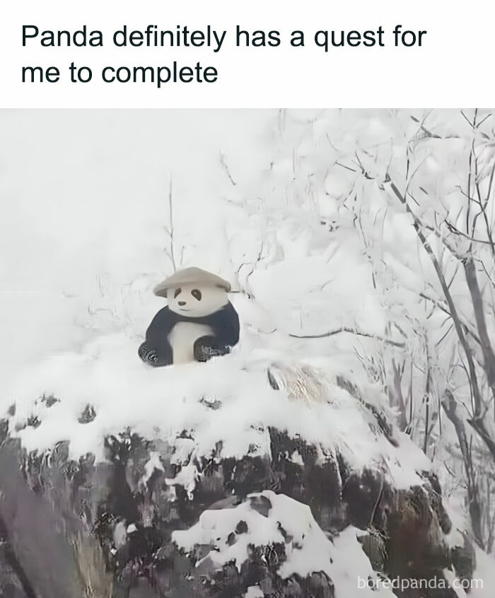 Panda figurine wearing a hat sitting on a snow-covered rock, relatable meme about quests and challenges.