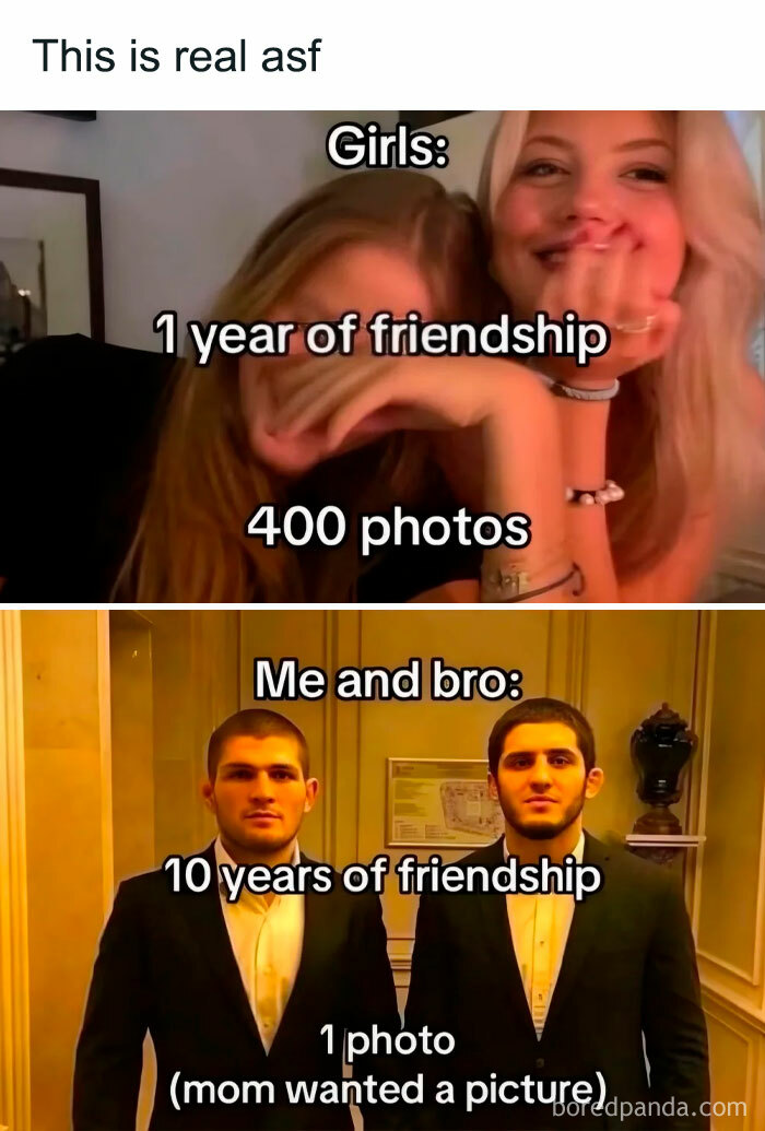 Two-part meme comparing girls' 1 year friendship and 400 photos with brothers' 10 years friendship and 1 photo shared as spicy meme.