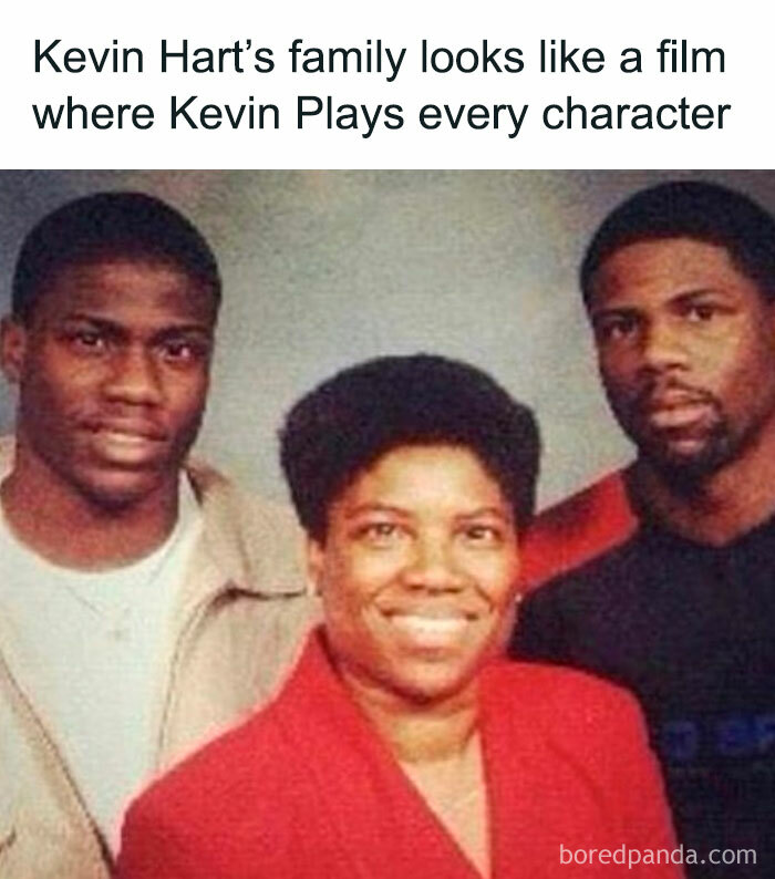 Relatable meme showing a family photo with text about Kevin Hart playing every character humorously.