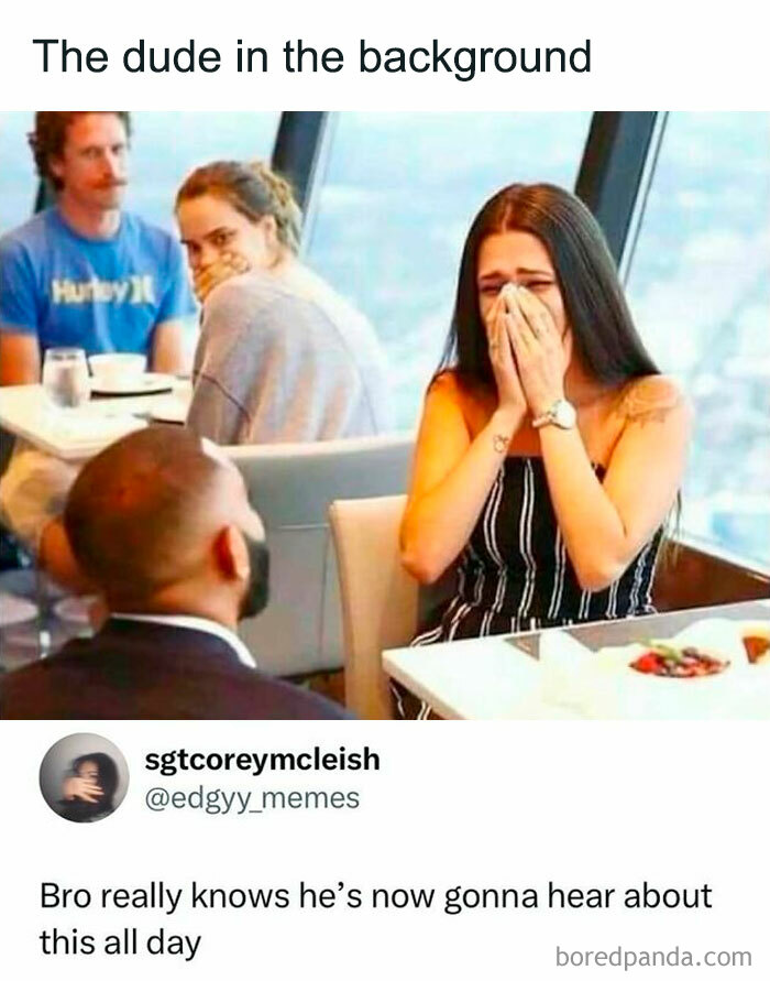 Couple sharing a spicy and relatable moment at a restaurant while a man in the background looks awkward in a silly meme.