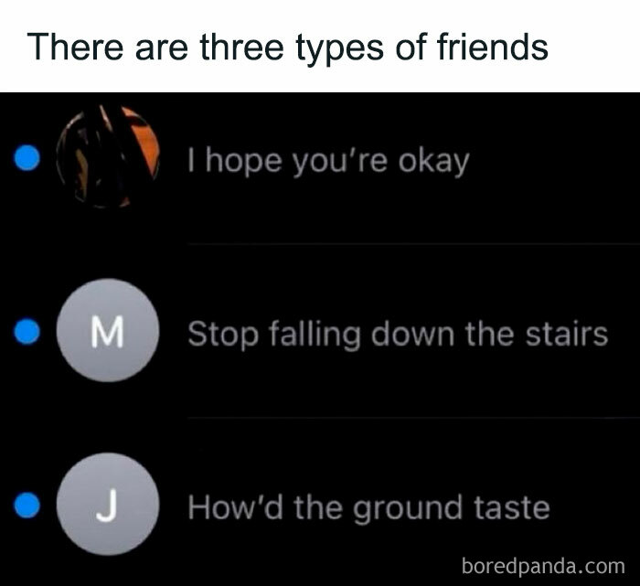 Screenshot of a meme showing three types of friends with funny and relatable text messages on social media.