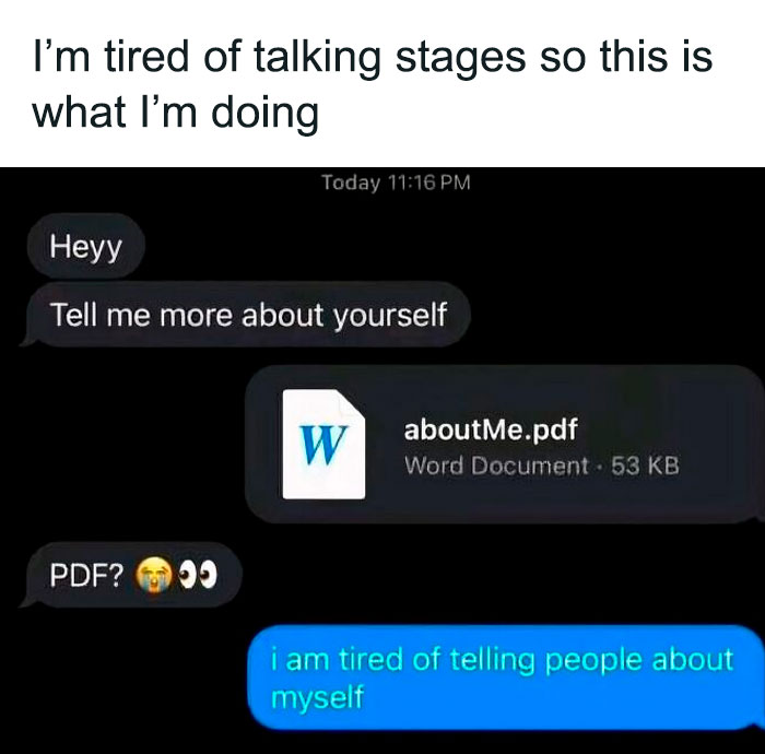 Text meme showing a funny conversation about sending an aboutMe PDF, reflecting relatable and spicy memes shared on Instagram.