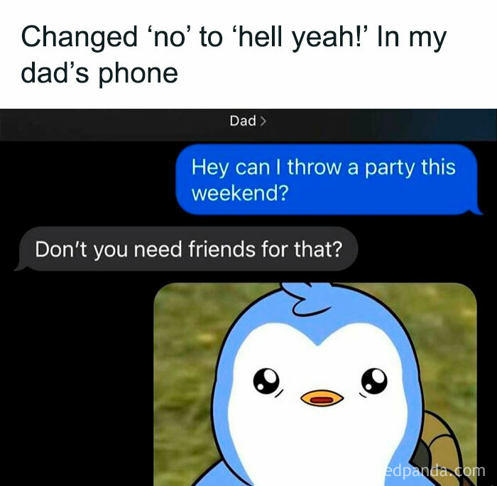 Text message exchange on a phone showing a silly, relatable, and spicy meme about throwing a party and needing friends.