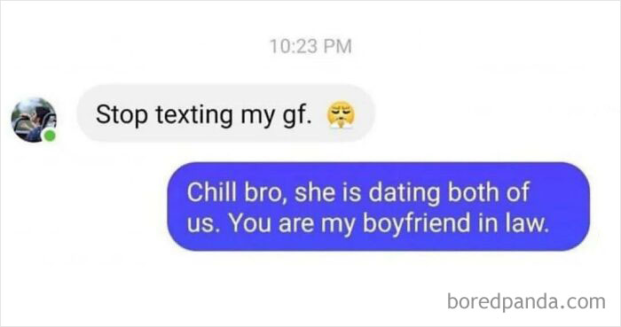 Text message exchange showing chaotic memes with funny conversation about dating both friends simultaneously.