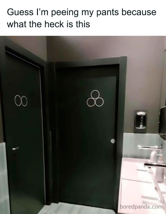 Restroom doors with confusing symbols, featured in chaotic memes for when life gets a little boring.