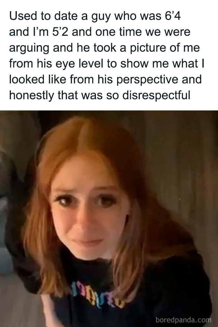 Young woman looking up with a frustrated expression in a chaotic meme about perspective and disrespect from a past relationship.