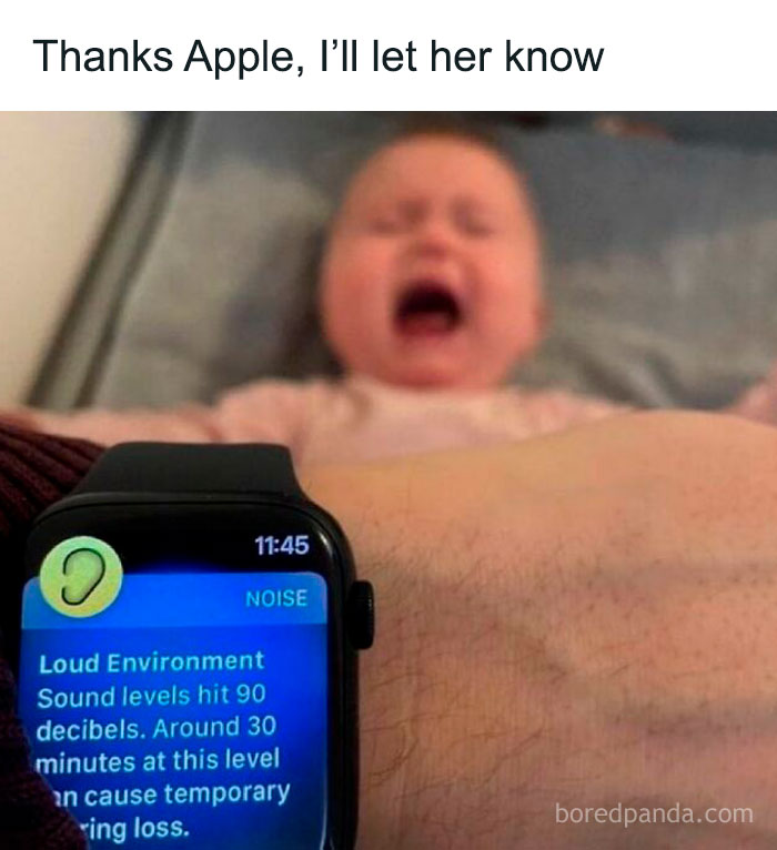 Apple Watch showing noise alert with baby crying loudly in the background, a chaotic meme for when life gets boring.