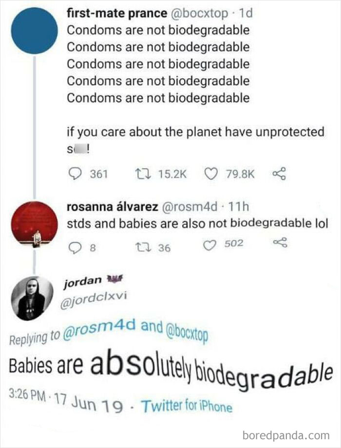Twitter conversation meme about biodegradability, showcasing chaotic memes for when life gets a little boring.