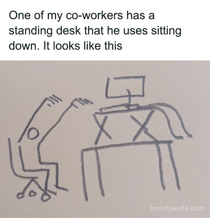 Simple hand-drawn chaotic meme showing a person sitting at a standing desk, featured in chaotic memes for boredom relief.