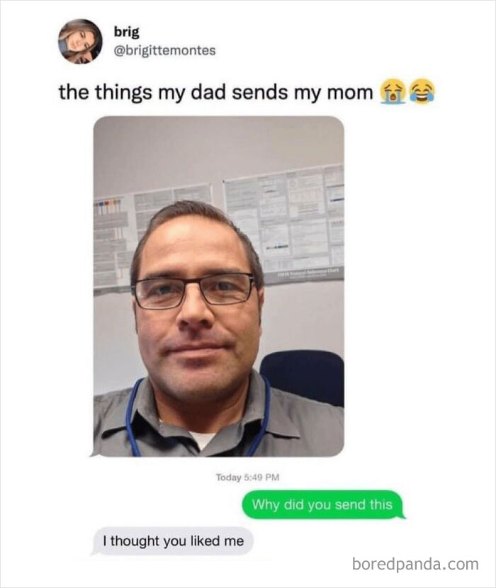 Screenshot of a chaotic meme showing a dad’s selfie sent to mom with a humorous text exchange.