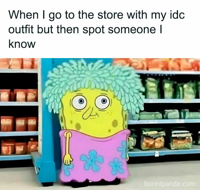 Relatable memes featuring a funny SpongeBob character avoiding responsibilities in a humorous grocery store scene.
