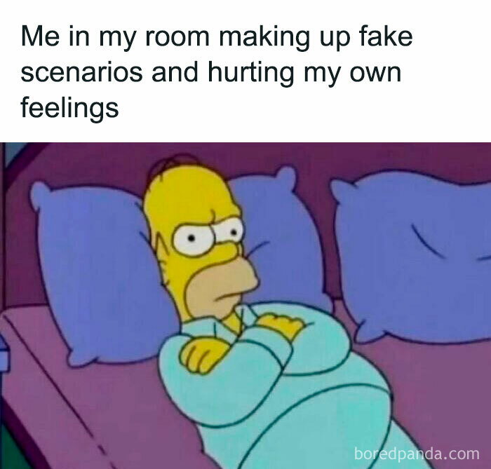Homer Simpson lying in bed with arms crossed, relatable meme about avoiding responsibilities and self-reflection.