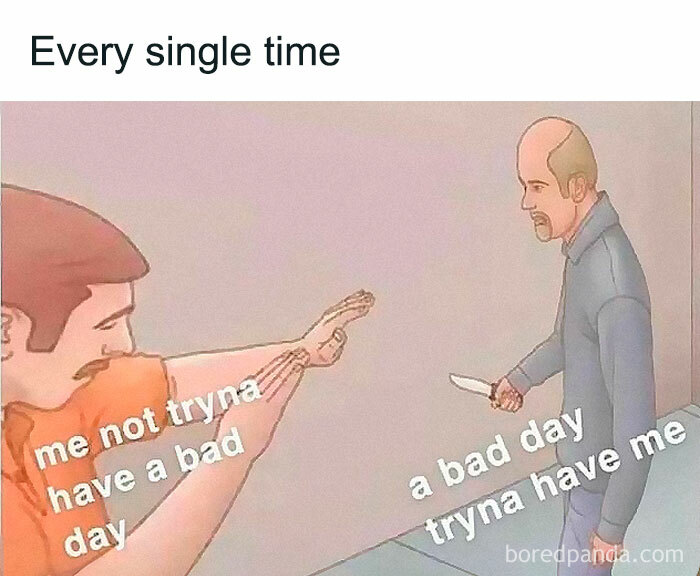 Man in orange shirt dodging knife from man in gray jacket, relatable memes showing avoiding a bad day, memes for days concept.