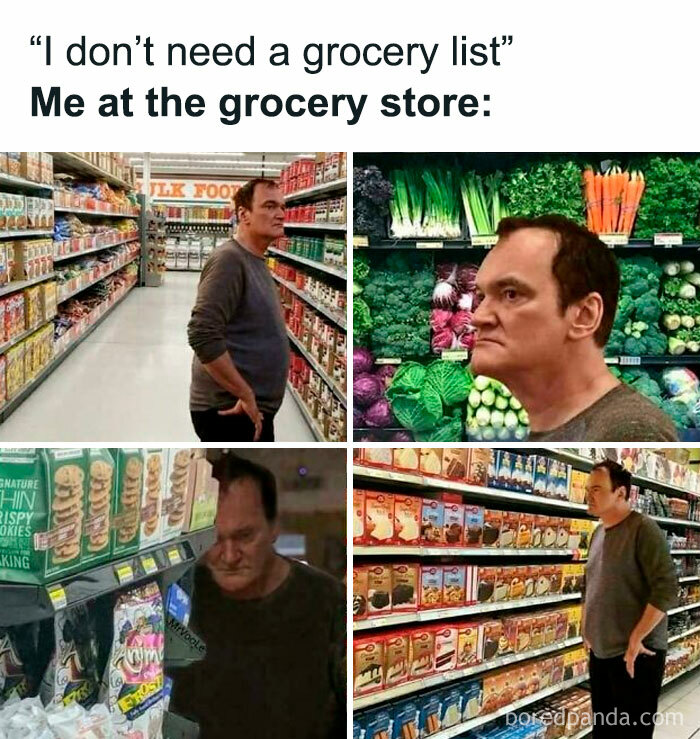 Man humorously overwhelmed while shopping at grocery store aisles, illustrating relatable moments from human experience memes.