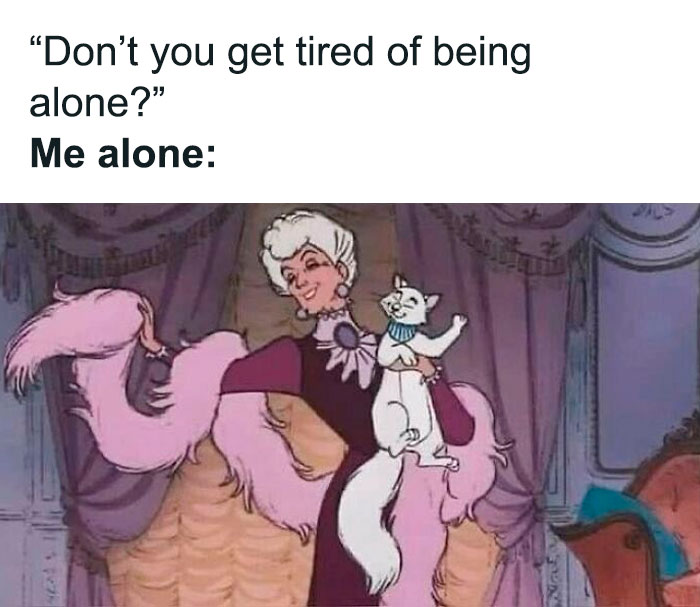 Relatable meme showing a character happily alone with a cat, highlighting memes for days about avoiding responsibilities.