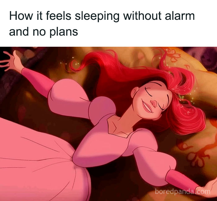 Animated character in a pink dress smiling and relaxing, illustrating relatable memes with a bit of sarcasm.