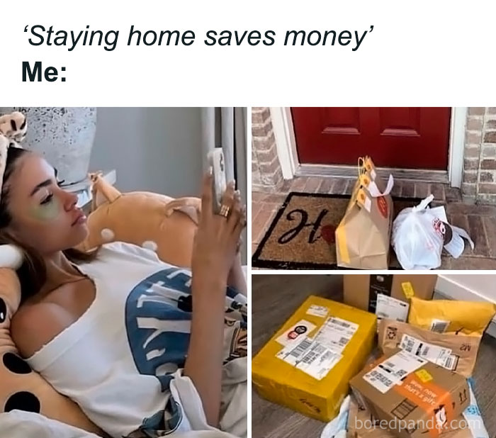Woman relaxing at home on phone with multiple online shopping packages and food delivery, showcasing relatable memes with sarcasm.