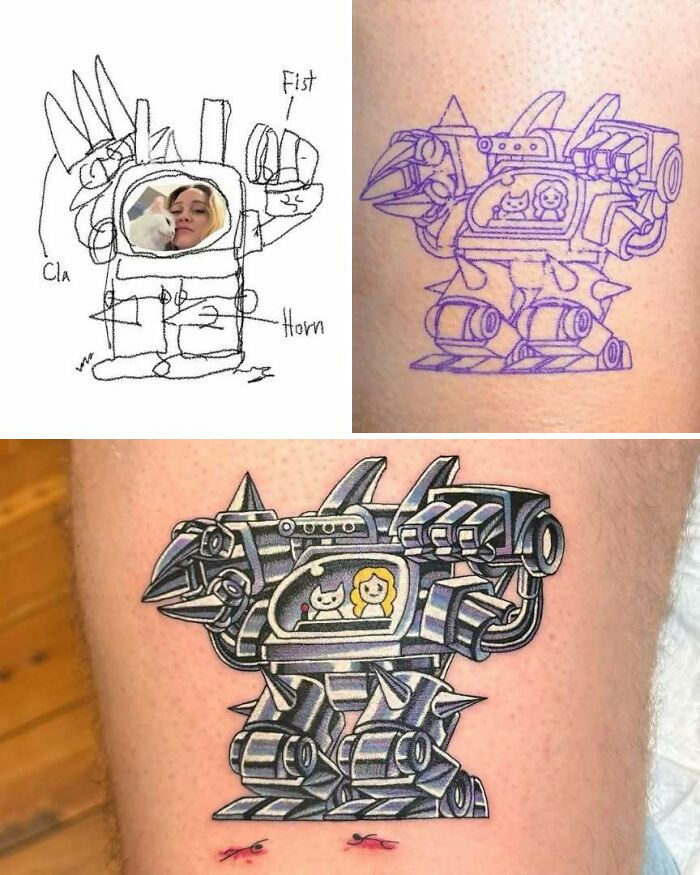 Boceto, diseño y tatuaje final de robot con guerreros en estilo dibujo animado, ejemplo de tatuajes creativos y detallados.