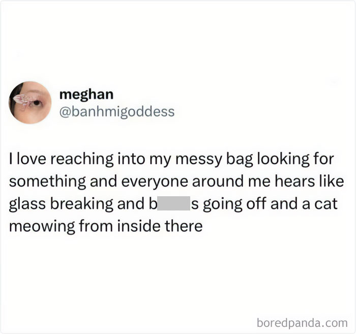 Social media post describing the relatable shower feels of chaotic sounds from a messy bag search.