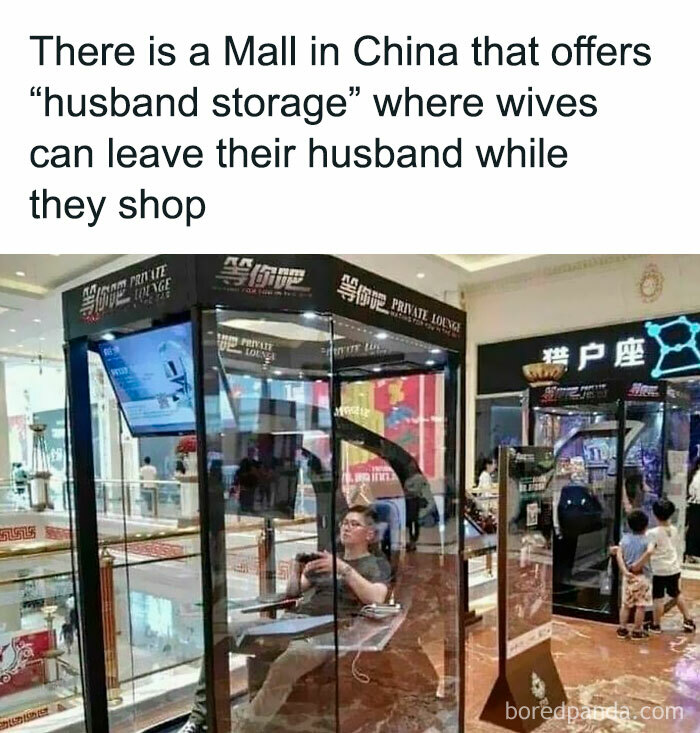 Man relaxing in a glass enclosure called husband storage at a mall in China, featured in random memes with hilarious nonsense.