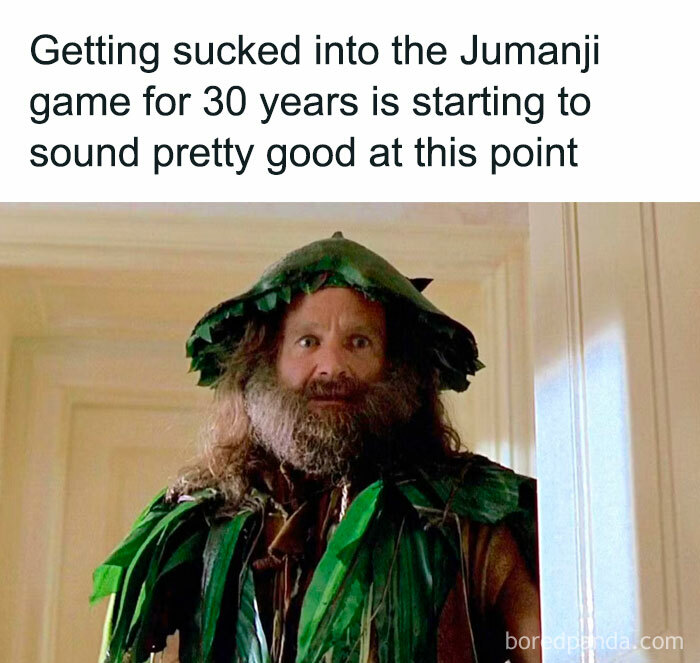 Man with long hair and beard dressed in leafy costume with meme text about being sucked into the Jumanji game for 30 years, random memes.