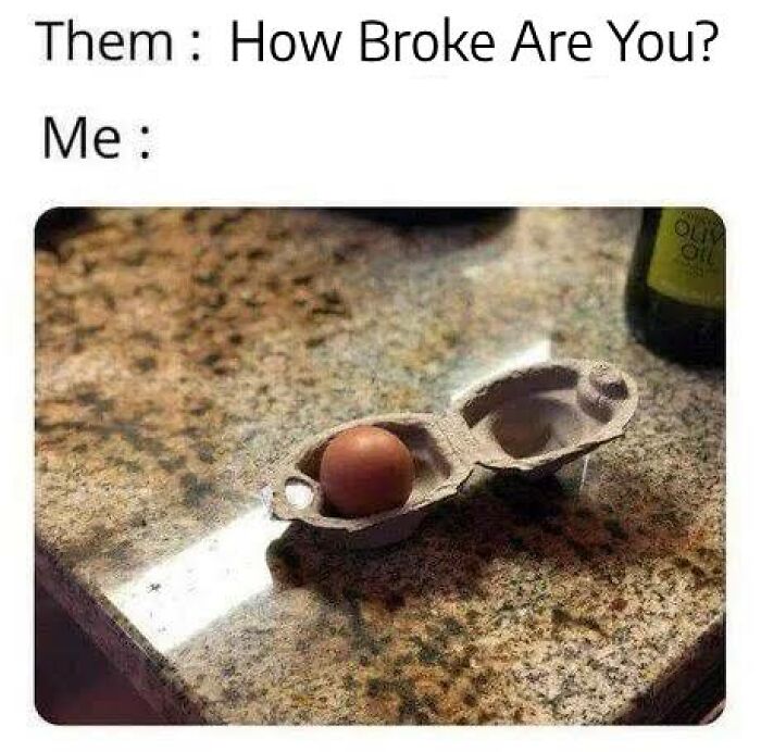A humorous meme showing one egg in a tiny carton half on a kitchen counter, illustrating random memes with hilarious nonsense.