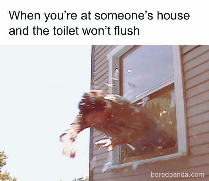 Person dramatically jumping out of a window, illustrating hilarious nonsense in a random meme about a toilet that won’t flush.