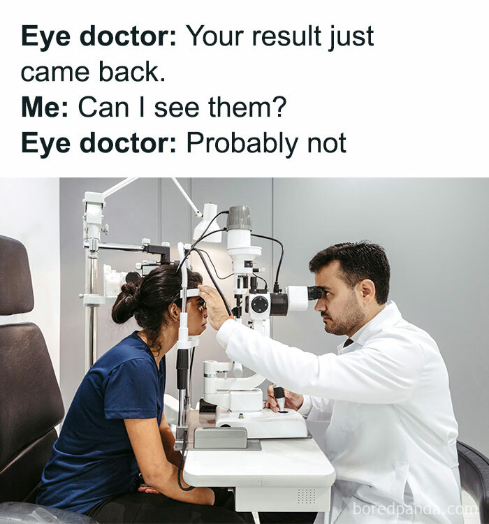 Eye doctor examining patient’s eyes with equipment in clinic, illustrating a funny meme from random memes delivering hilarious nonsense.