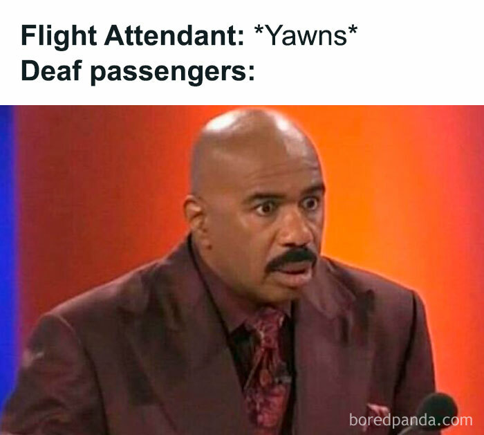 Man in a suit looking shocked and confused, illustrating hilarious nonsense in random memes about deaf passengers.