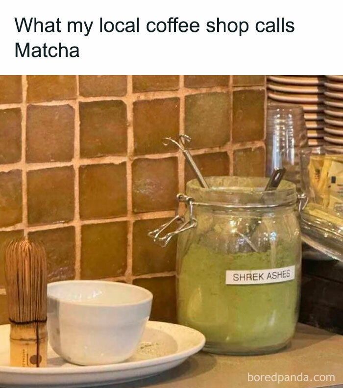A funny meme showing a jar labeled Shrek Ashes instead of matcha at a local coffee shop, random memes humor.