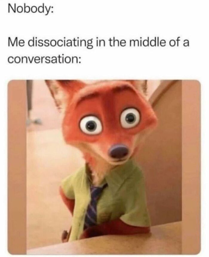 Meme of animated fox looking confused, representing dissociating in the middle of a conversation in random memes humor.