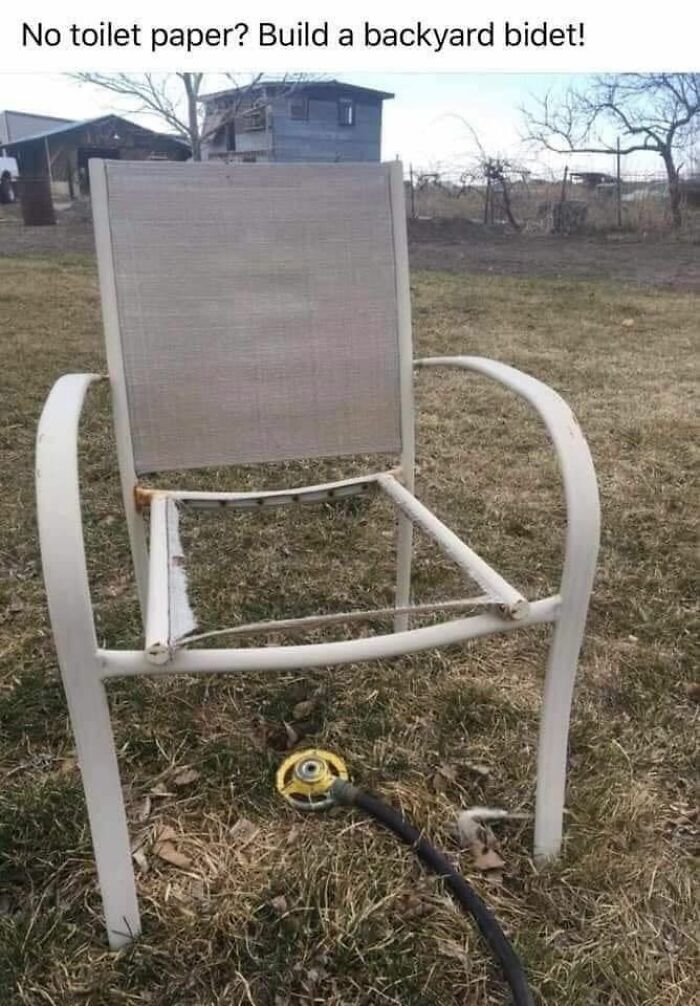 Outdoor metal chair with no seat fabric and a garden hose connected underneath, depicting a funny random meme idea.