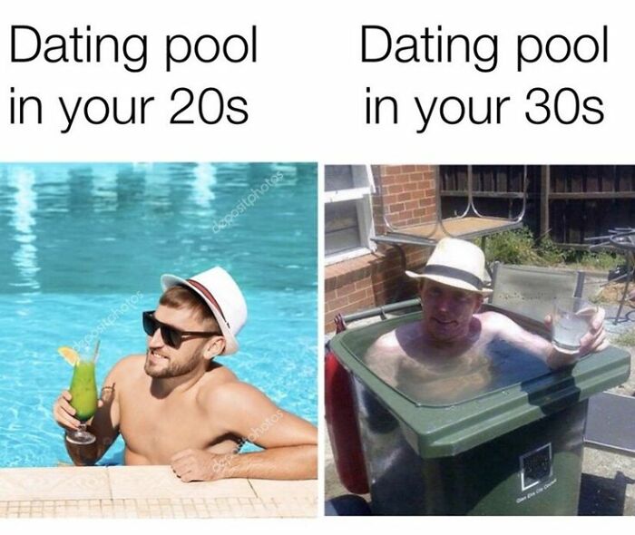 Man relaxing in a large pool versus a man sitting in a small trash bin pool, illustrating random memes humor about dating pool differences.