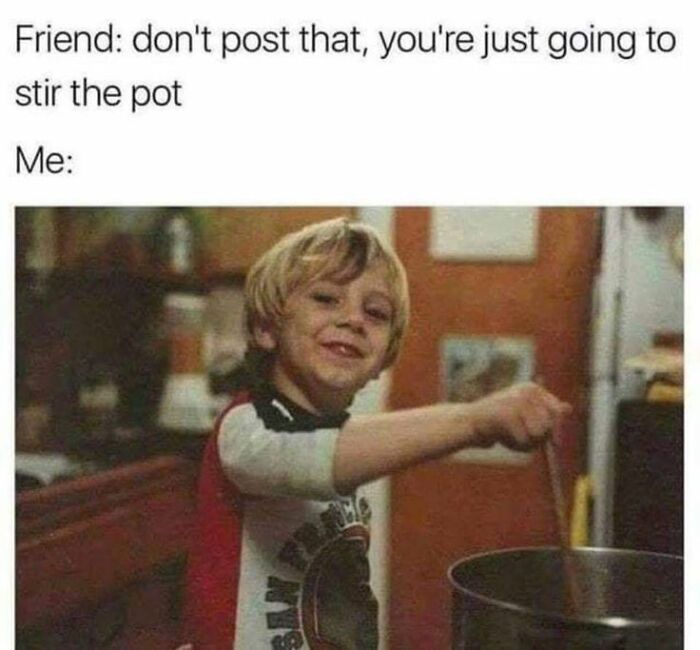Child stirring a pot with a mischievous smile, depicting a random meme that delivers a solid dose of hilarious nonsense.