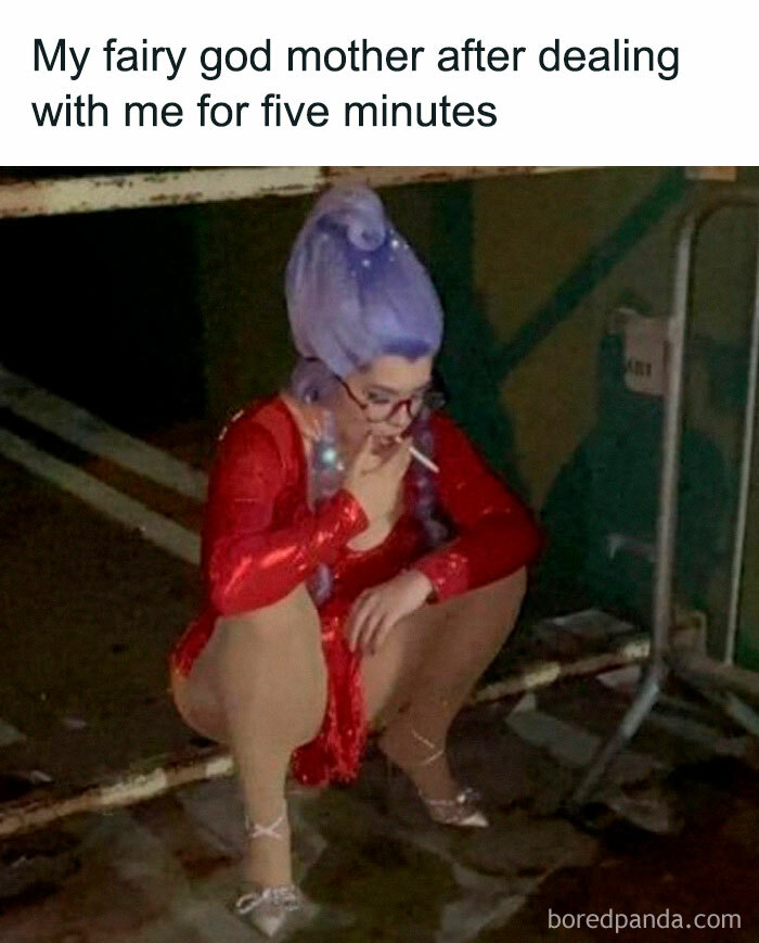 Person with purple hair and red outfit squatting outside at night, illustrating a funny moment from random memes delivering hilarious nonsense.