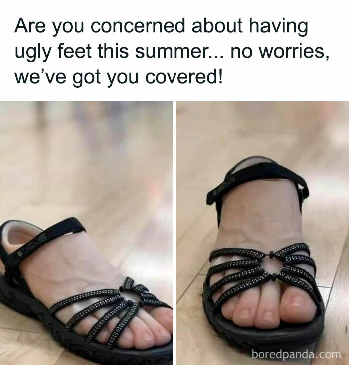 Mismatched feet wearing humorous random memes style sandals, delivering a solid dose of hilarious nonsense.