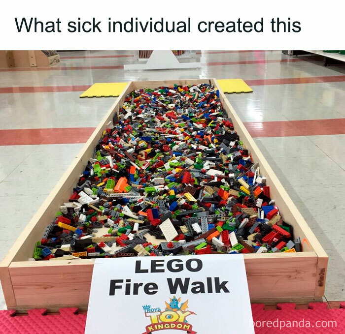 LEGO fire walk challenge filled with scattered LEGO pieces, delivering a solid dose of hilarious nonsense and random memes.