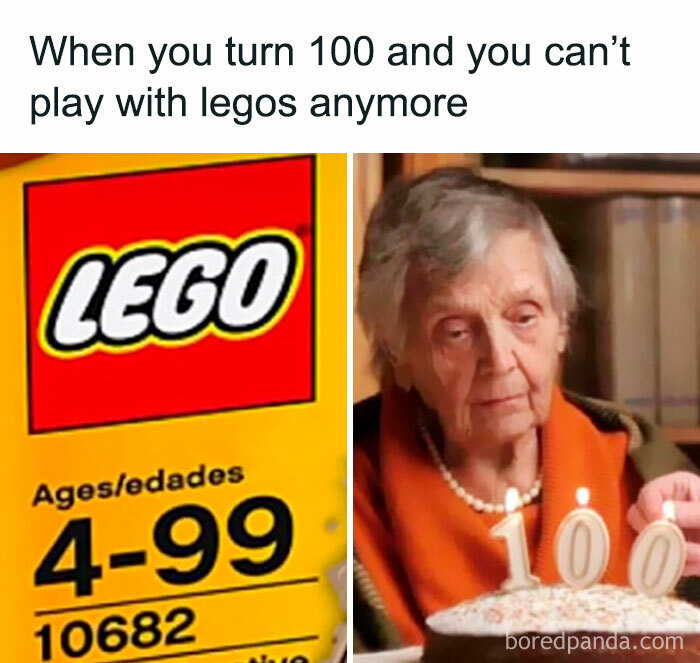 Elderly woman looking sad next to a Lego box showing age limit 4-99, highlighting hilarious nonsense about aging and legos.
