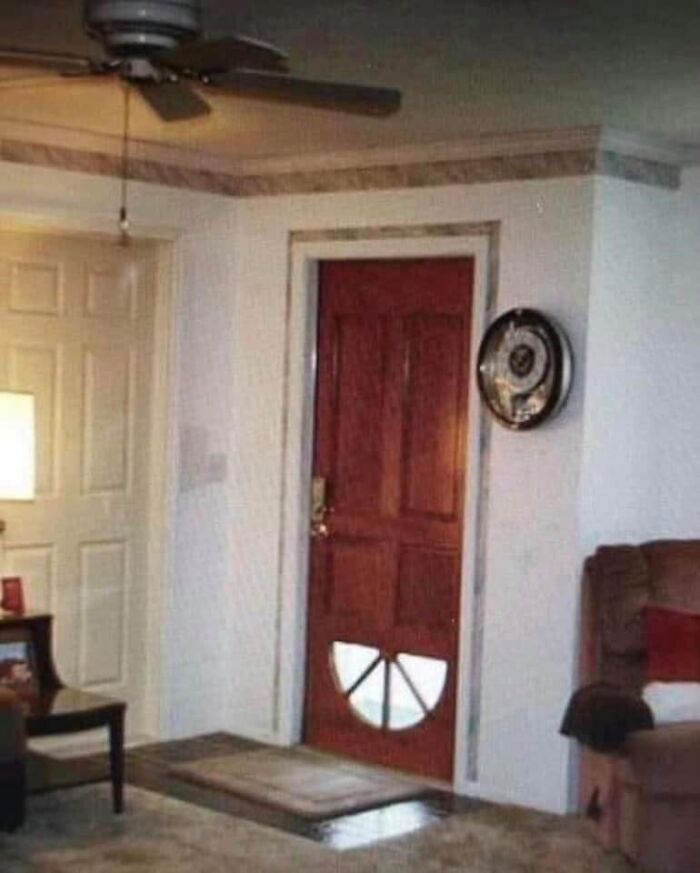 Living room with an unusual door design featuring a built-in pet flap, an example of worst real estate photos ever.