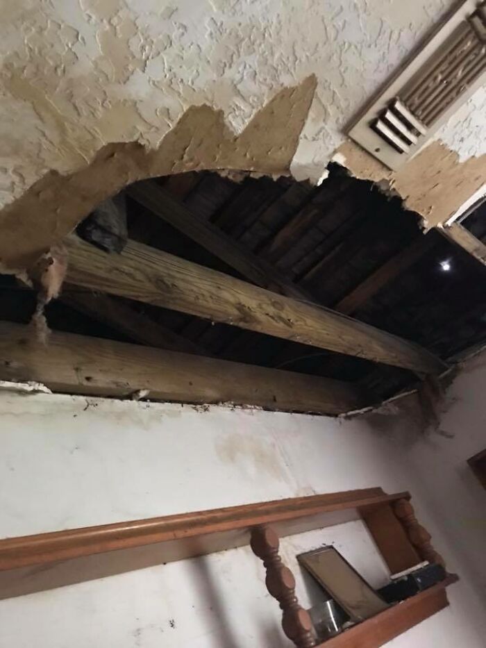 Hole in ceiling exposing wooden beams and damaged plaster in a poorly maintained home, worst real estate photos ever example.