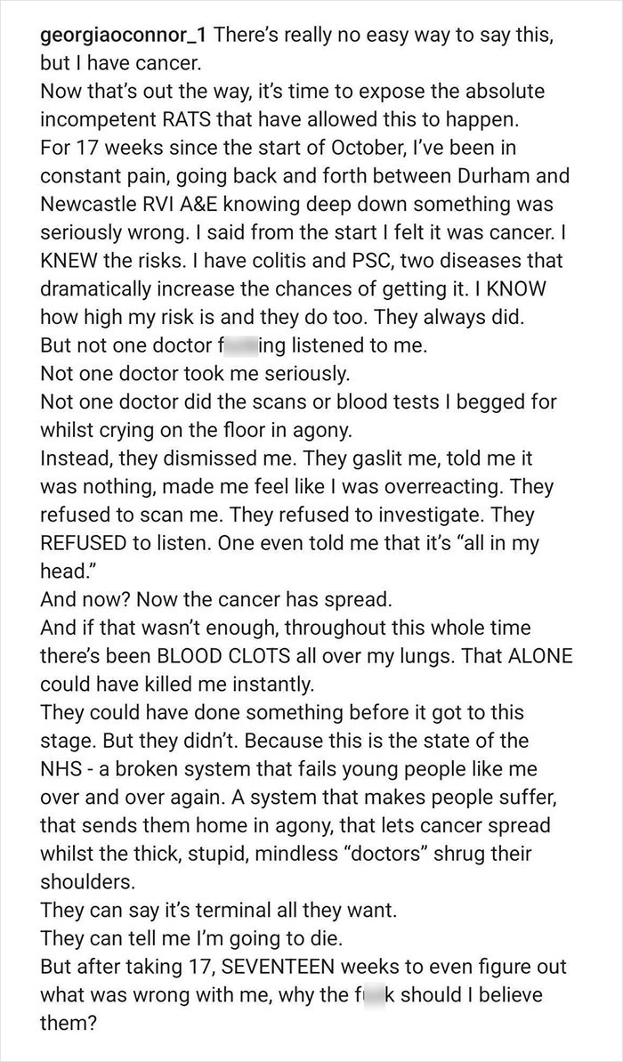 Text post by pro boxer Georgia O&rsquo;Connor sharing her cancer diagnosis and struggles with NHS medical care.