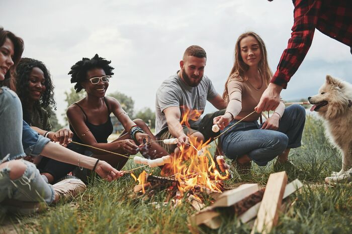 Group of people roasting marshmallows around a campfire outdoors, capturing boomer opinions in a relaxed setting.