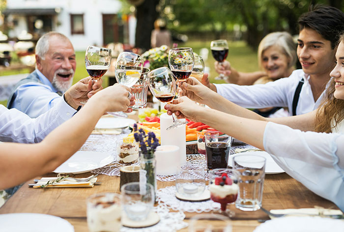 Family gathered outdoors raising glasses in a toast, highlighting tensions around missing iPad and son-in-law accusations.