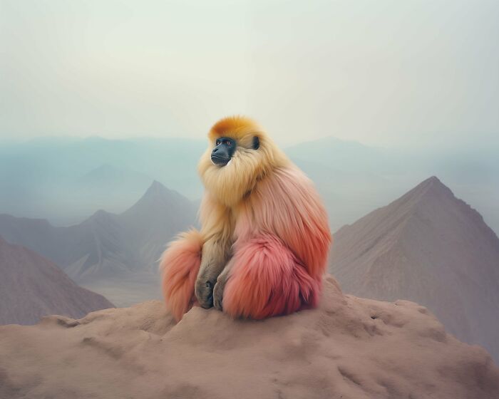 Golden monkey with orange and pink fur sitting on a rocky peak in a beautiful but unsettling natural world vision.
