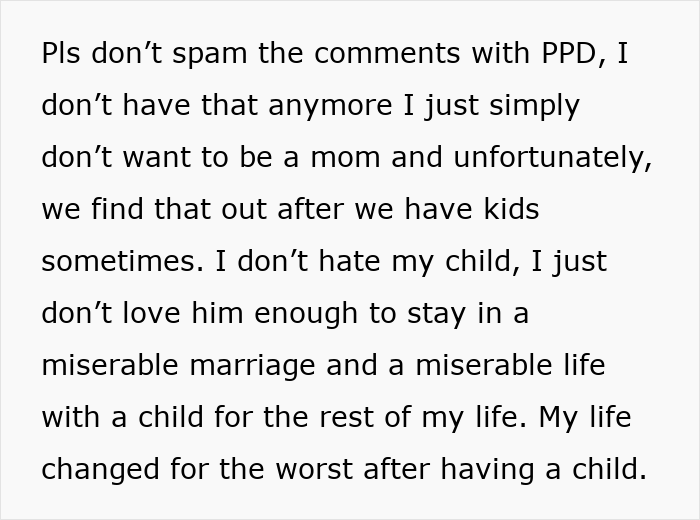 Text excerpt about a mom tired of her cheating husband and unwanted child, expressing desire to run away from it all.