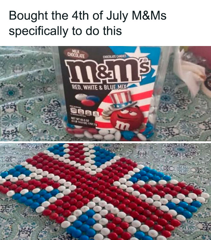 Red white and blue M&Ms arranged to create a Union Jack flag in a Great British memes style.