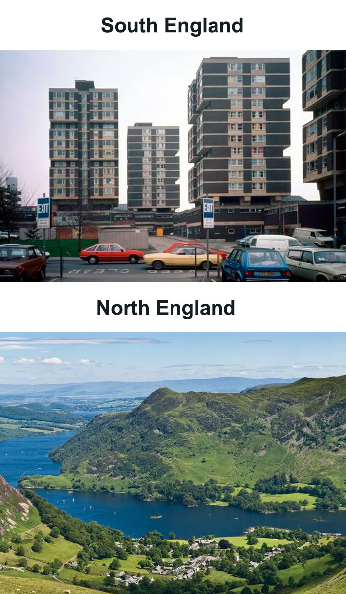 South England urban housing contrasted with North England scenic landscape in great British memes.